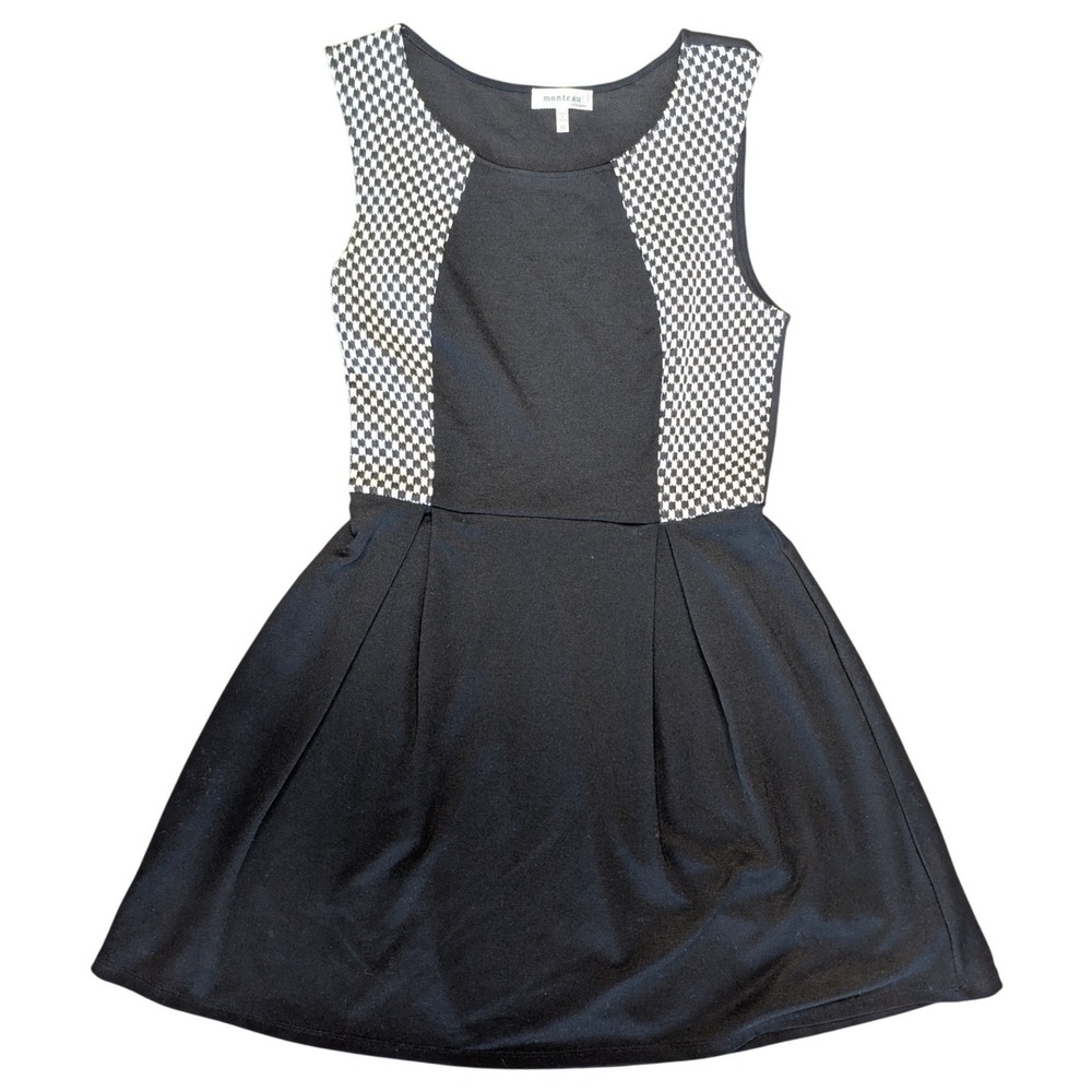 Monteau Medium Black White sleeveless fit-and-flare dress checkered panel